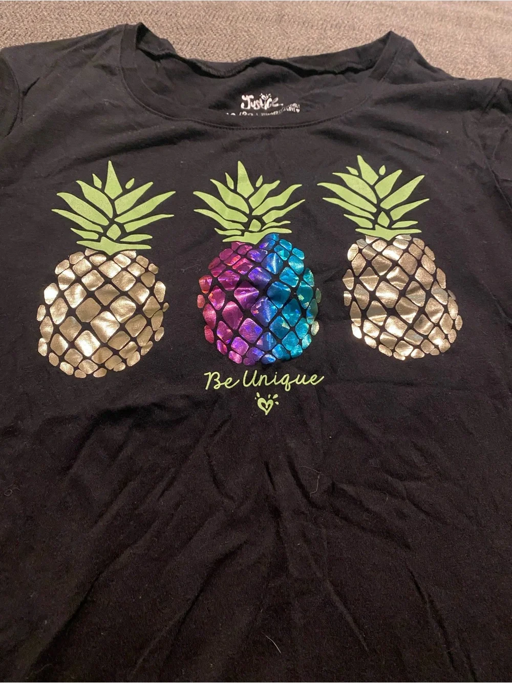 Children’s Justice Black Tee with Metallic Gold & Rainbow Pineapple Graphic